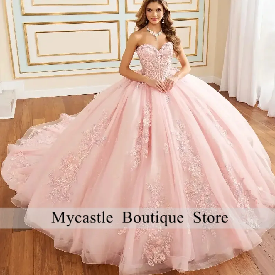 Rosa quinceanera vestidos de baile vestidos arco querida apliques plissado ocasião vestido de 15 personalizado