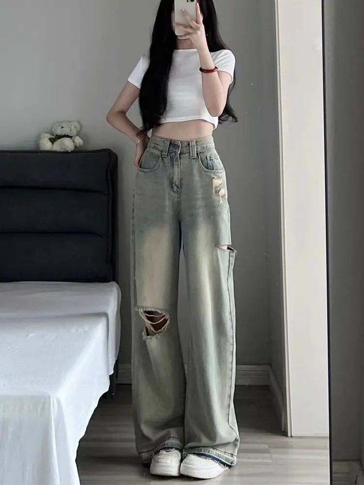 

Retro Hole Denim Jeans Women's Straight Thin Summer High Waist Loose Slim Hiding Hip Floor-Length Wide Leg Pants