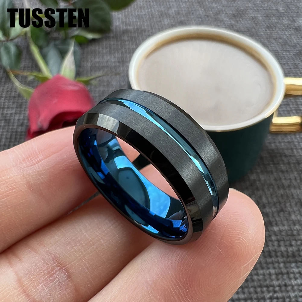 Dropshipping TUSSTEN Men's 8mm Blue&Black Double Tones Tungsten Carbide Ring Matte Finish Beveled Grooved Wedding Band
