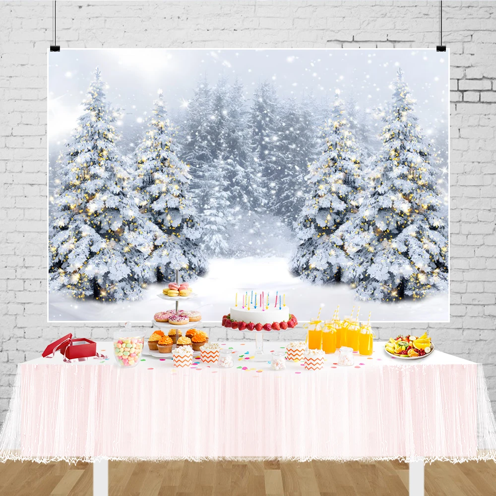 Winter Backdrop Forest Snow Natural Scenery Pine Tree Snowflake Christmas Tree Baby Portrait Photography Background Decor Banner