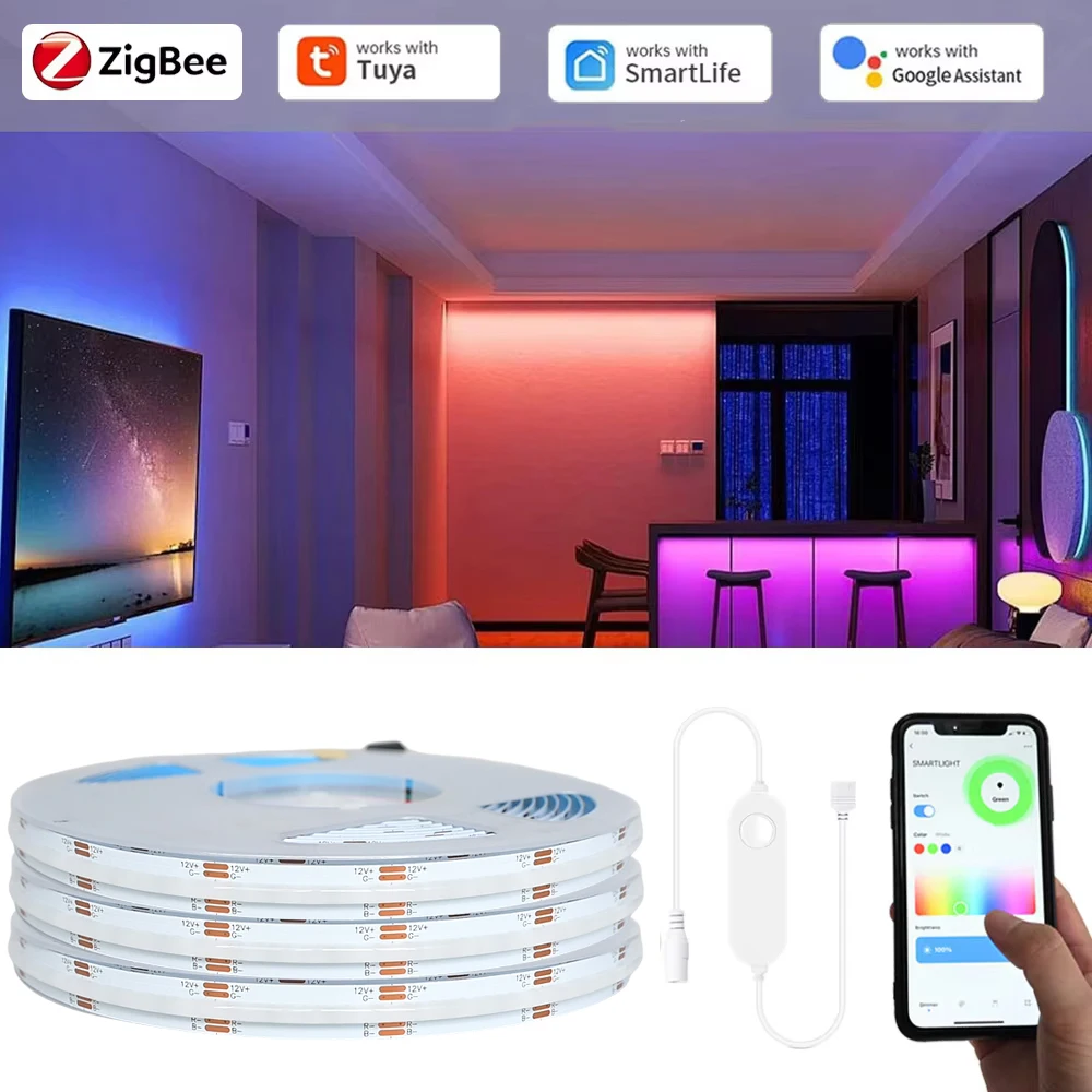 مجموعة كاملة تويا زيجبي COB RGB LED قطاع 12 فولت 1 متر 2 متر 3 متر 5 متر 10 متر عكس الضوء خزانة غرفة نوم ضوء fr أليكسا جوجل مساعد SmartThings