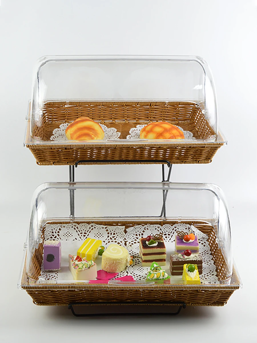 Double-layered cake tray with lid, bamboo rattan fruit basket, snack table, buffet dessert display stand