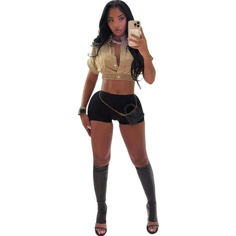 Women's 2 Piece Summer Set Short Sleeve Button Crop Top And Tight High Waist Shorts Casual Sporty Tracksuit Streetwear Outfit