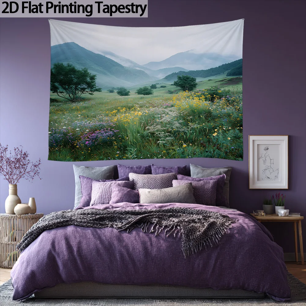2D Flat, 1pc Large Meadow Mountain Landscape Tapestry - Horizontal Wall Hanging with Vibrant Green Fields, Wildflowers & Scenic