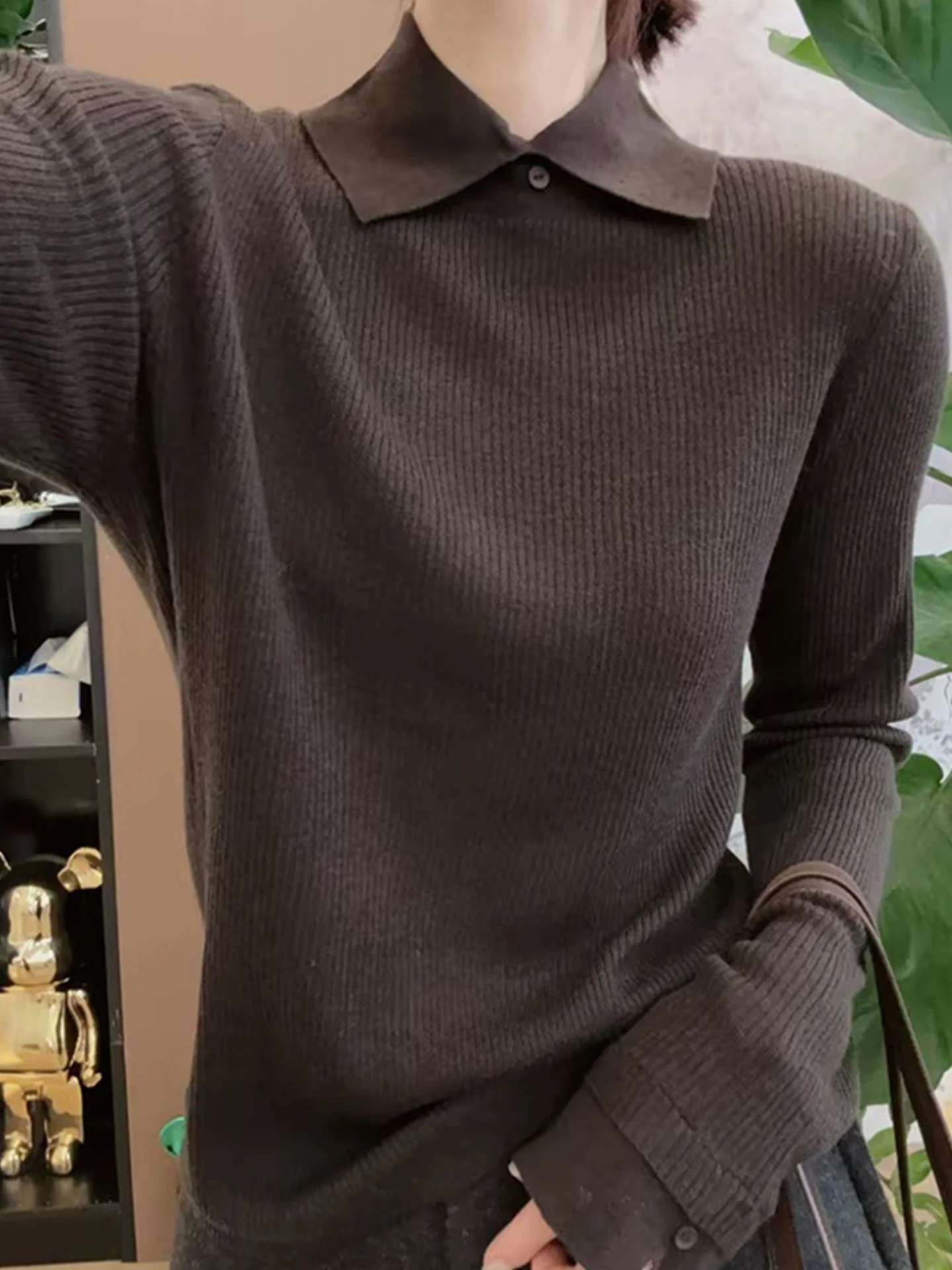 Koreaanse Sle Long Sve gebreide trui pure kleur kraag basislaag top dames faionable winter faion leeftijdsreductie