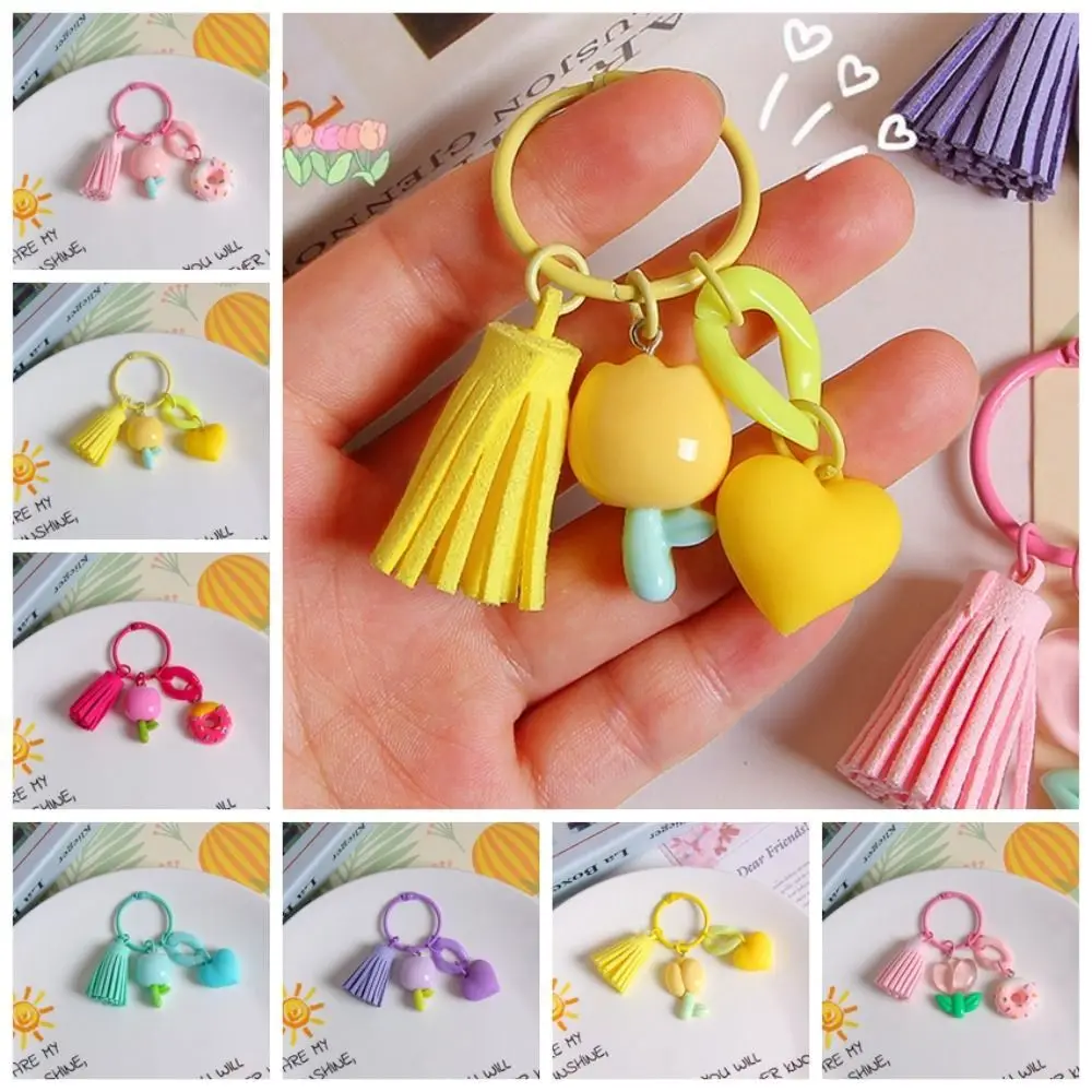 

Young Girl's Heart Tulip Flower Keychain With tassel Candy Color Sweet Resin Tulip Keyring Resin Kawaii Earphone Case