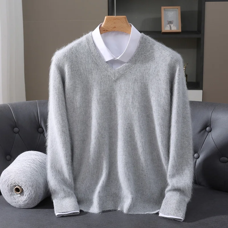 High Quality  Men Long Sleeve Knitwear  Sweater Autumn  And  Winter V-Neck 100%  Mink Cashmere  Soft  Warm  Clothing  Tops