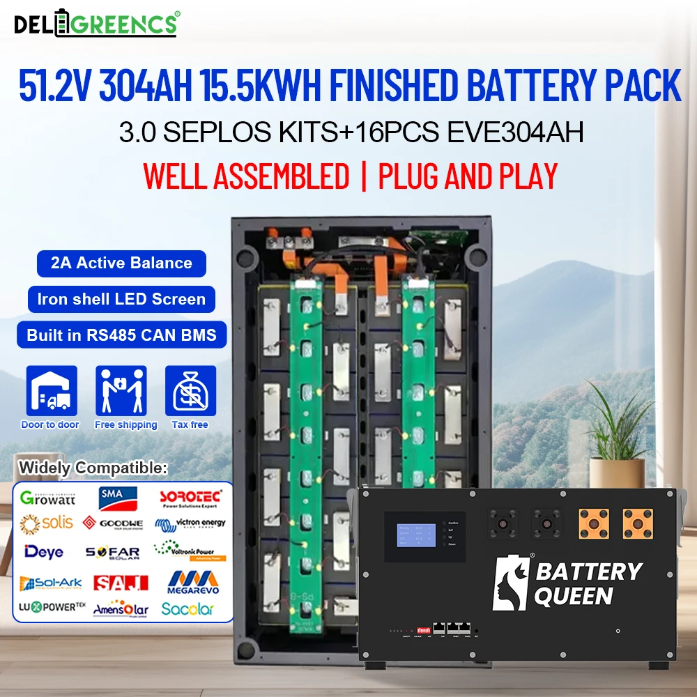 

3.0 Finished 15.5KWH Lifepo4 Battery Pack 2A Active Balancer 51.2V Seplos Battery Kits 280AH 304AH Power Bank For Solar