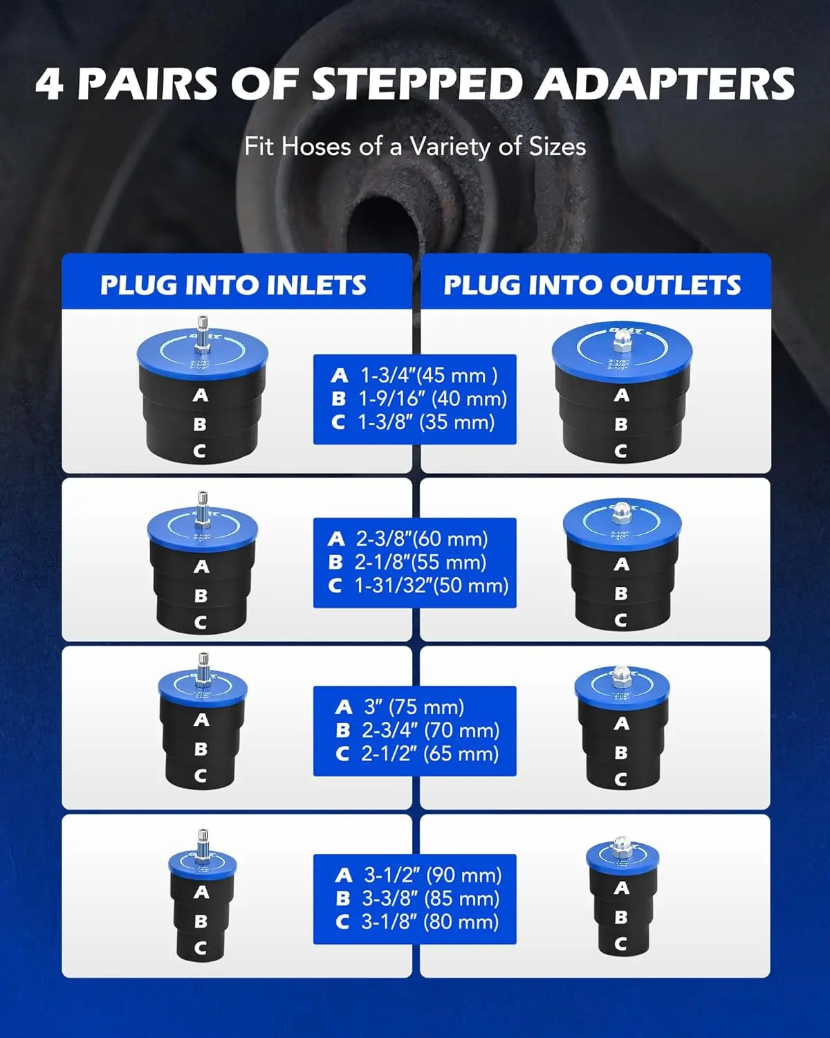 طقم اختبار تسرب توربو، 10 قطع مع 4 أزواج من المحولات المتدرجة 1-3/8 بوصة إلى 3-1/2 بوصة، لاختبار الضغط التوربيني
