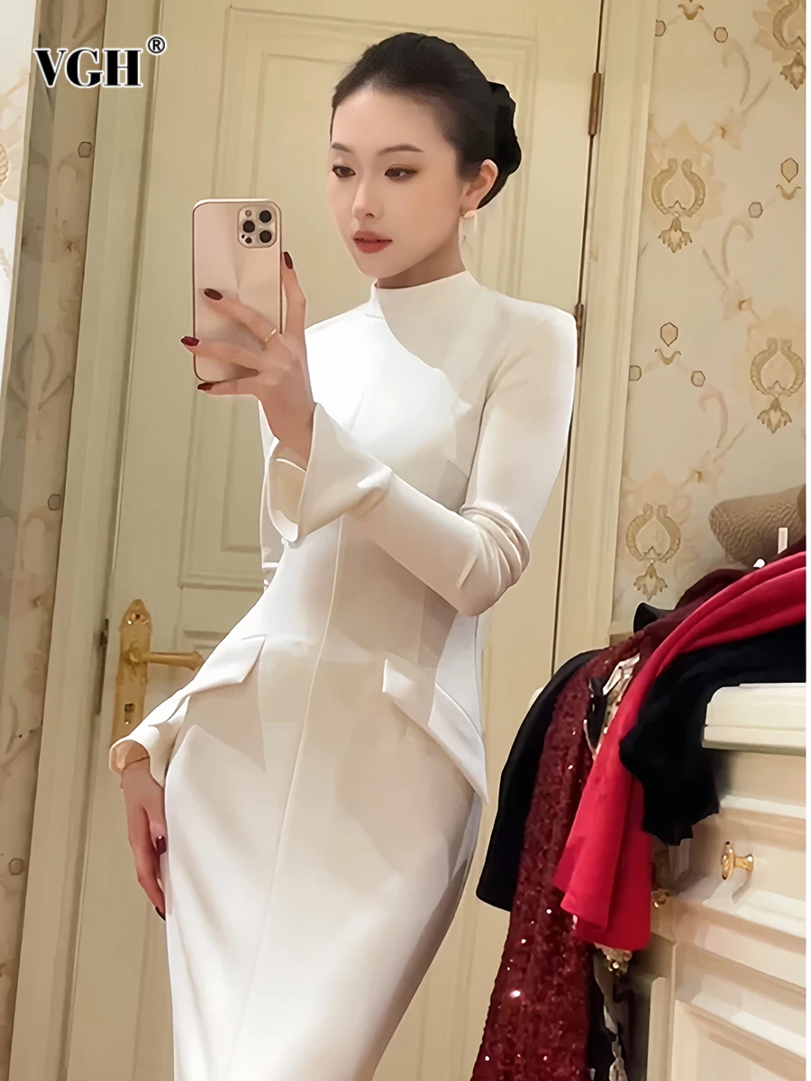 VGH Elegant Slimming Solid Long Dress For Women Turtleneck Flare Sleeve High Waist Temperament Bodycon Dress Female Fashion New