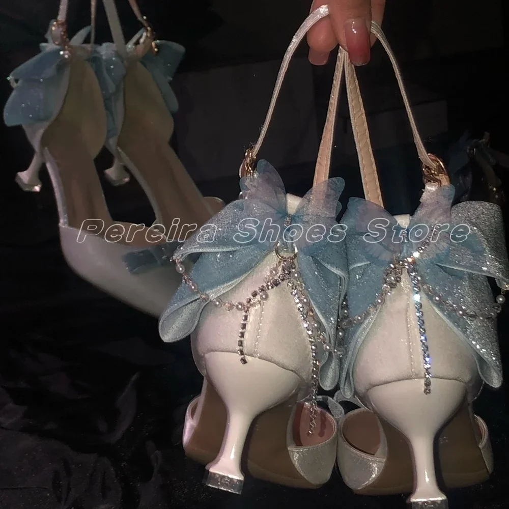 

Butterfly Dream Sandals Stiletto Pointed Toe Glittering Mental Chain Lolita High Heels Buckle Strap Cover Heel Solid