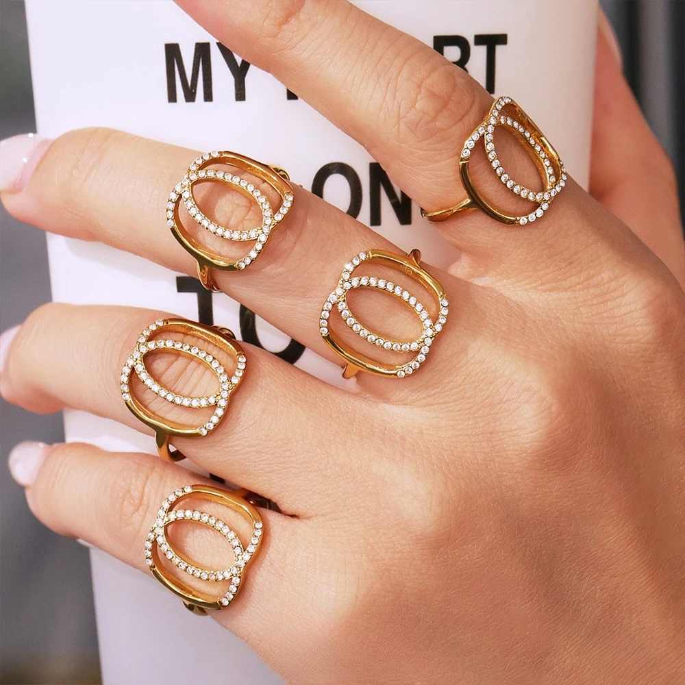 

2pcs/pack Girls 18k plated Open Ring Double Loop Sparkling Zircon Delicate Edgy Jewelry for Restaurant Ordering & Sunset Stroll