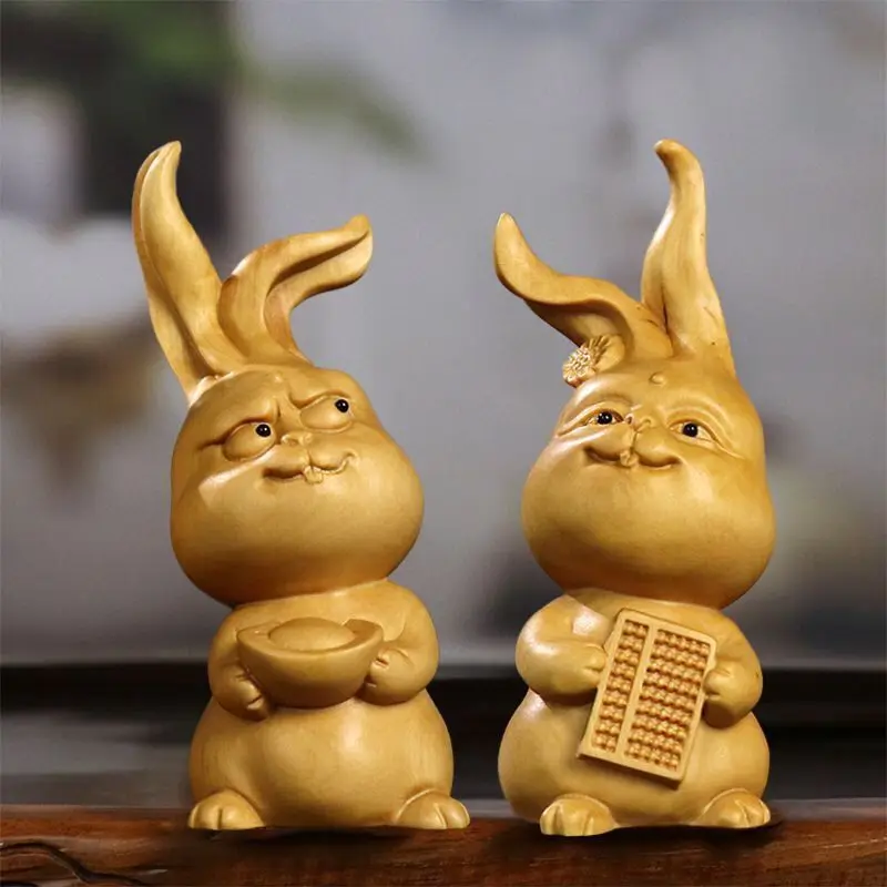 Poplar Wood Carving Handle Piece New Chinese Super Cute Portrait Rabbit Pendant Attract Wealth Ornament Yuanbao Abacus