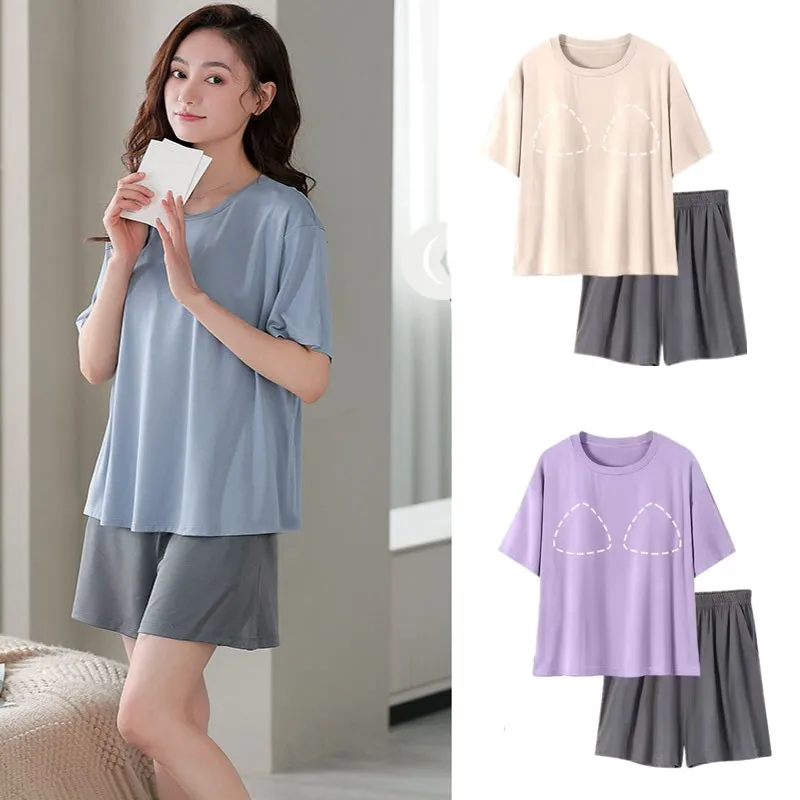 Women Pajama Sets T-shirts With Bra Pad+Shorts 2 Pieces Suits Solid Color Sleepwear Ladies Modal Nightwear Summer Home Clothes