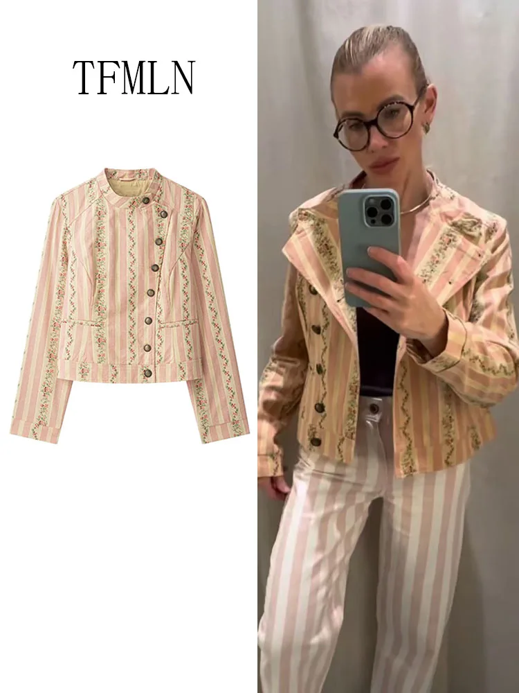 TFMLN Jacquard Striped Flower Print Jackets 2026 Autumn Chic Causal Single Breasted Stand Collar Outwear High Street Ladies Coat