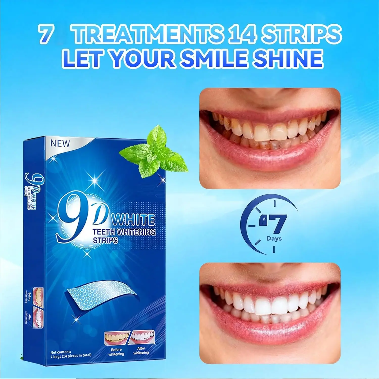 9D Teeth Brightening Strips 14Strips Stain Removal Ultra-Thin Tooth Whitening Dental Care Strips Individually Wrapped