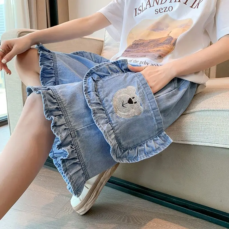 Overize 6XL Denim Shorts Women's Five Point Pants Summer Thin Straight Leg Wide Loose High Waist Elastic Cute Bear Short Jeans