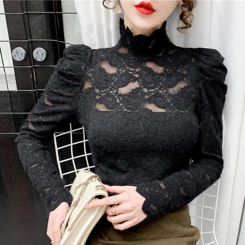 Elegant Turtleneck Folds Ruffles Hollow Out Lace Blouse Women Clothing 2023 Autumn New Casual Pullovers Puff Sleeve Korean Shirt