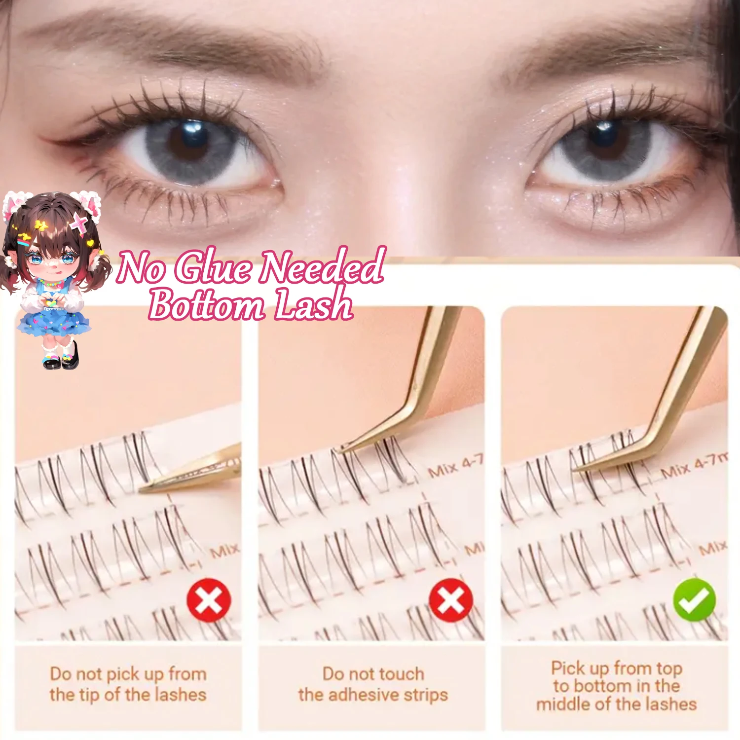 Self Adhesive Bottom Lashes No Glue Needed Reusable Under Eyelash Korean / Makeup DIY Individual Manga Lash Clusters