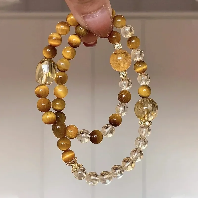 daily-gold-natural-tiger's-eye-stone-ice-body-citrine-beaded-bracelet-double-circle-chinese-premium-sense-bracelet-women