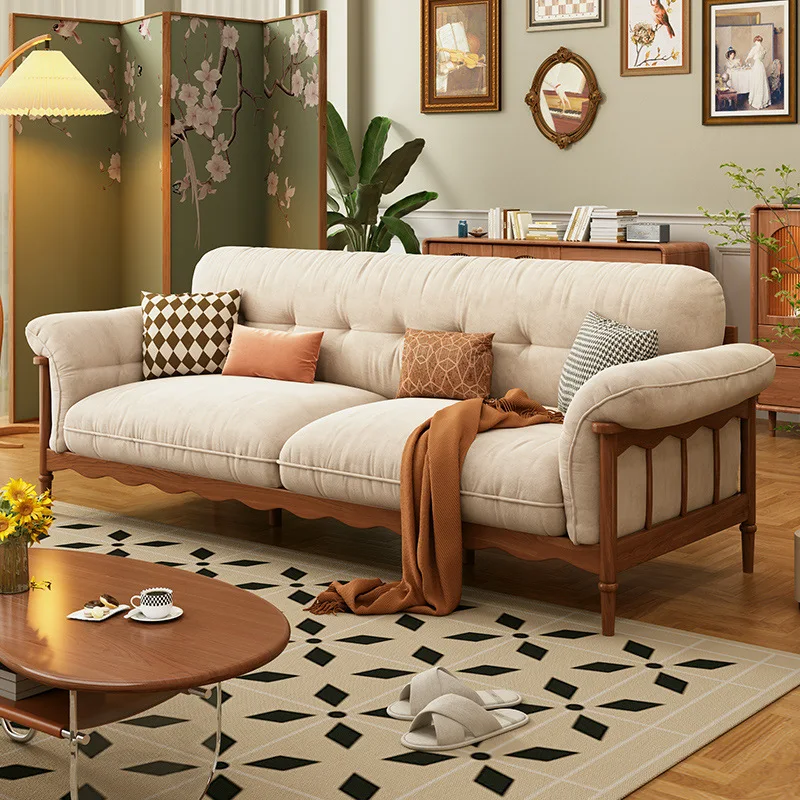 Solid wood sofa French retro fabric straight row Chinese antique boxwood sofa living room small apartment sofa