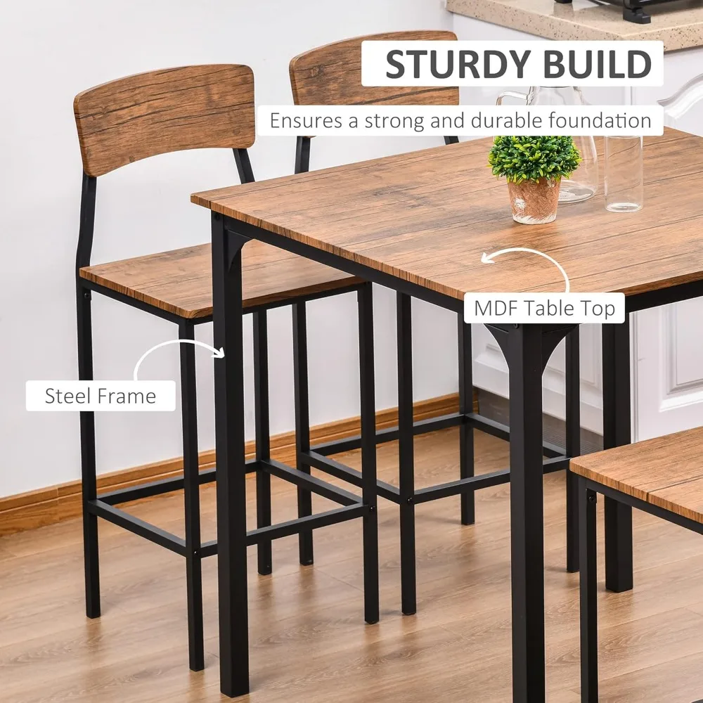 Counter Height Bar Table Set for 4, Square Kitchen Table and Chairs Set with Footrest, Metal Legs, Industrial Dinner Table Set