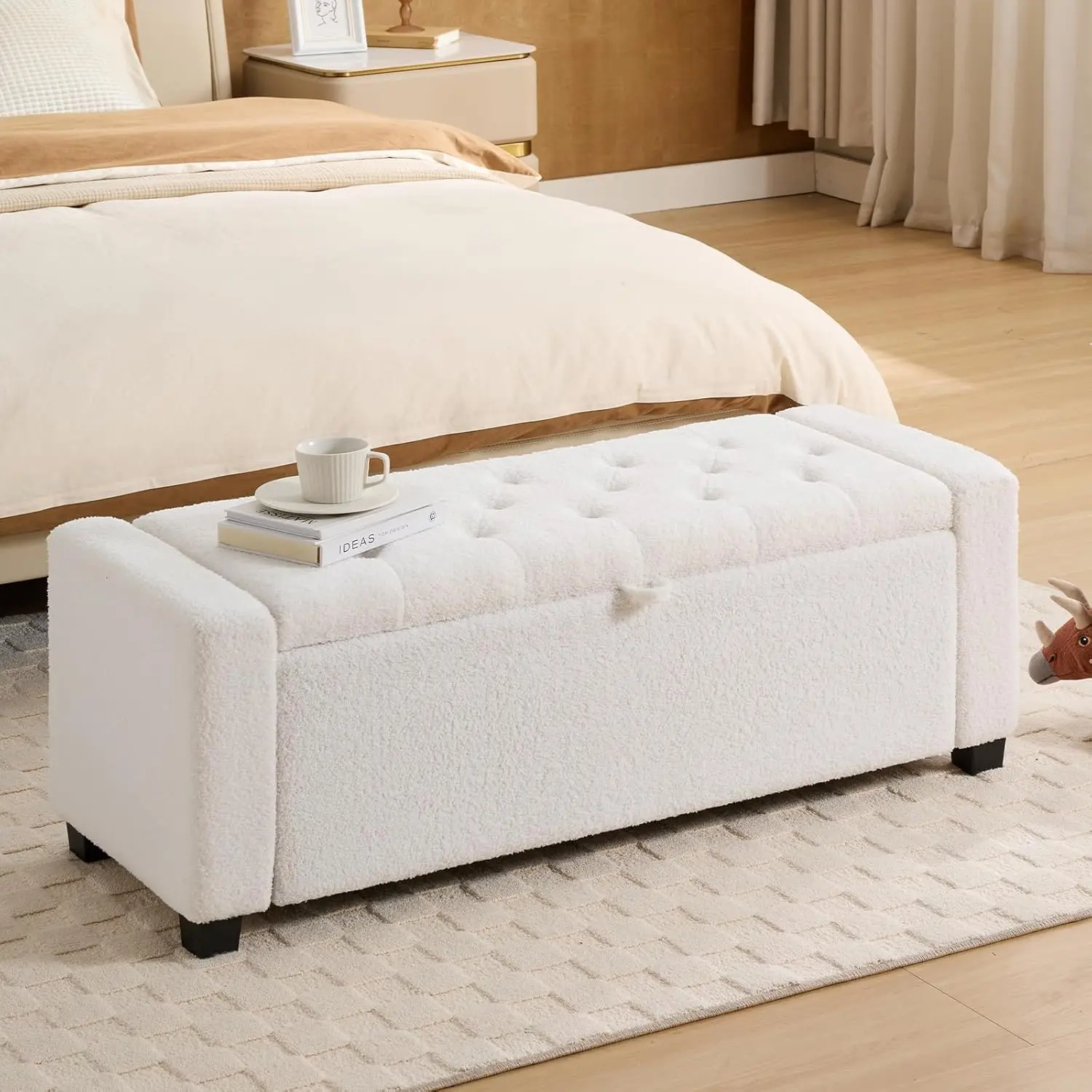 43 Inch Storage Ottoman Bench, Bedroom End of Bed Bench with Storage, Teddy White for Living Room Entryway
