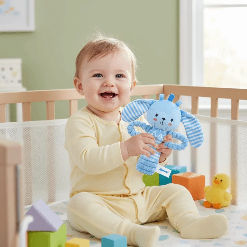 Cartoon Animals Baby Rattle Crinkle Squeaky Infant Hand Ring Hand Grip Soft Stuffed Animal Rattle Newborn 0-24 Months