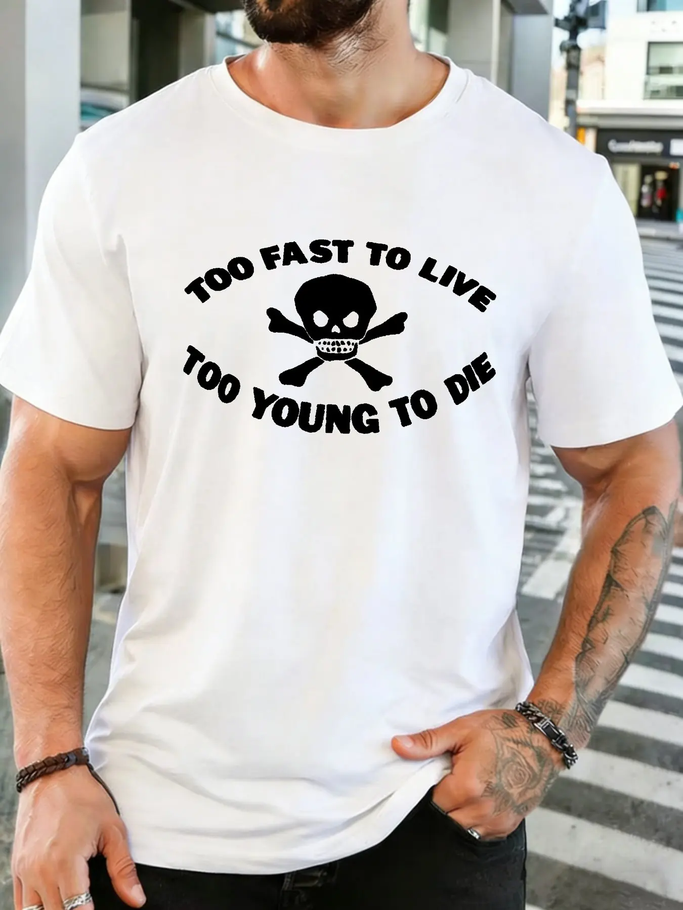 Fashion Mens Loose Cotton Crew Neck Top Retro Skull Crossbones Letter Slogan Print Punk Biker Street Casual Daily Holiday Tee