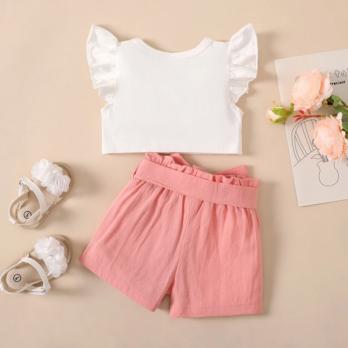 PatPat 2pcs Baby Girl Cat Print Flutter-sleeve Top and Solid Belted Shorts Set Suitable for Summer Season Soft and Comfortable