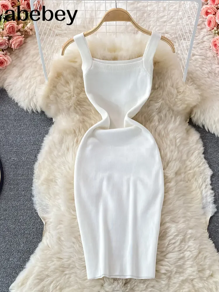 Robe longue mi-longue en tricot pour femmes, Sexy, bretelles, débardeur, taille élastique, moulante, plage, couleur unie, dos nu, été, 2026