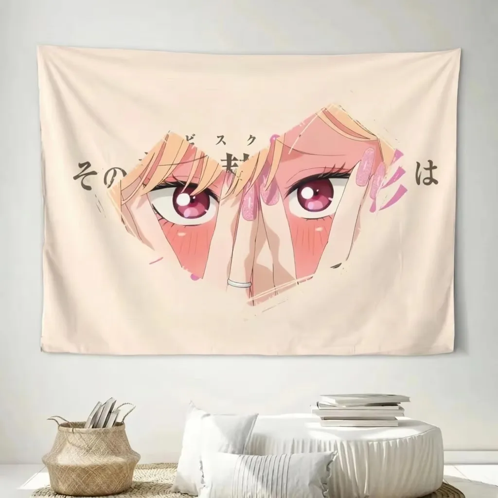 M-Marin K-Kitagawa Blush Girl Y2K Tapestry, Close Eyes Torn Paper Frame Polyester Wall Hanging for Bedroom Dorm Room Decor