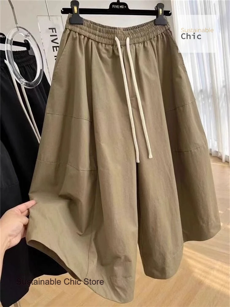 French style fashion design sense niche elastic waist loose A-word wide-leg pants women's summer loose seven-point casual pants