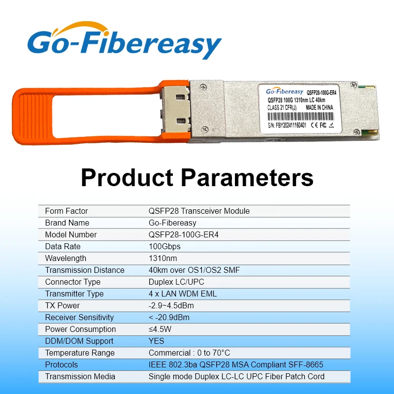 100G QSFP28 40km Optical Transceiver Module 100GBASE-ER4 LWDM4 SMF 1310nm Duplex LC For Mikrotik/ZTE/Cisco/Juniper Fiber Switch