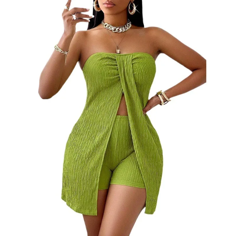 Women's Strapless Top and Shorts Set, Solid Color Textured 2 Piece Summer Outfit