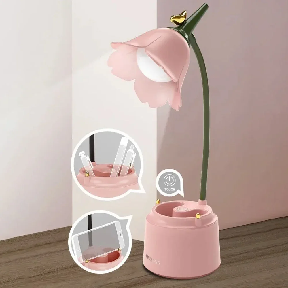 

Touch Sensor LED Flower Desk Lamp Bedroom Table Lamps Eye Protection Lights with Pen Tube Stepless Dimming Bedroom Bedside Decor