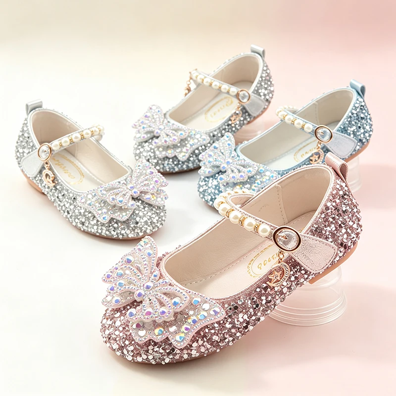 Luxury Girls Mary Jane Princess Shoes Shiny Sequin 3D Butterfly Fancy Party Footwear for Wedding Birthday Pageant Formal Events