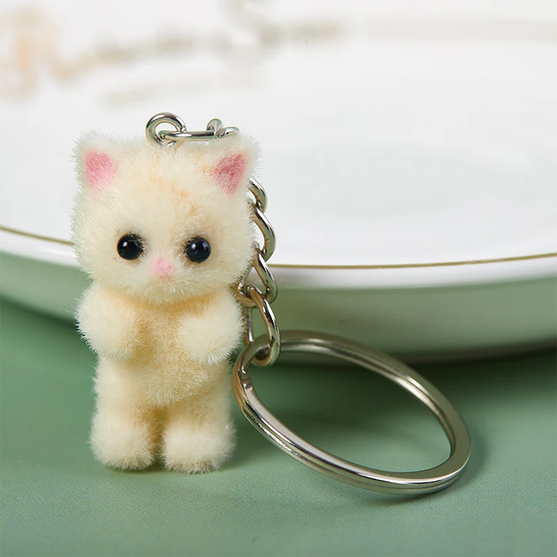 1PC 3D Cartoon Flocking Cat Keychain Cat Key Ring Animal Key Chains Souvenir Gifts For Women Men Car Keys DIY Jewelry