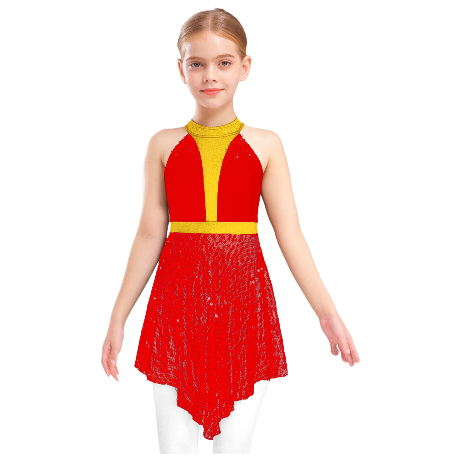 

2pcs Girl Jazz Dance Outfit Cutout Back Shiny Sequins Hollow Out Mesh Patchwork Irregular Hem Top with Pants Performance Costume