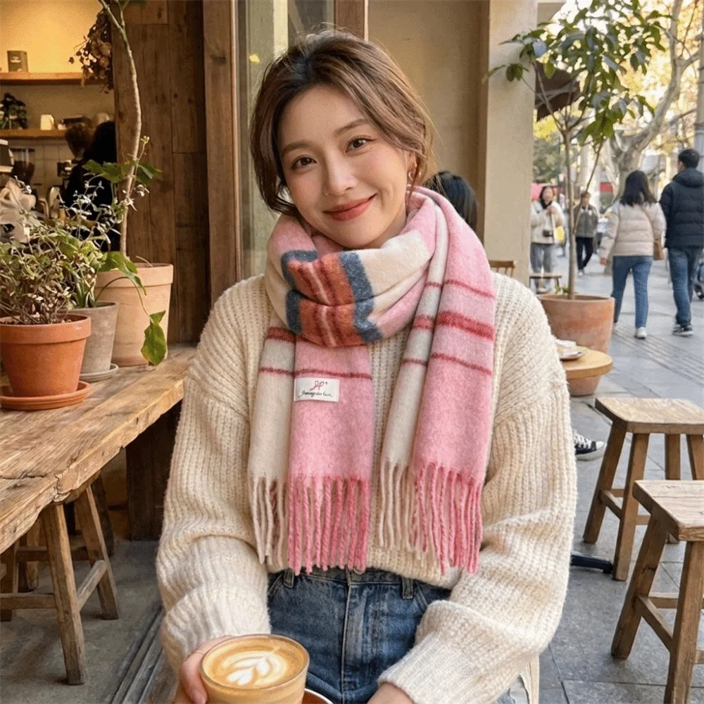 Cozy Soft Faux Cashmere Scarf Classic Tassels Color-Block Blanket Scarf Thickened Plaid Design Warm Stripe Shawl Women