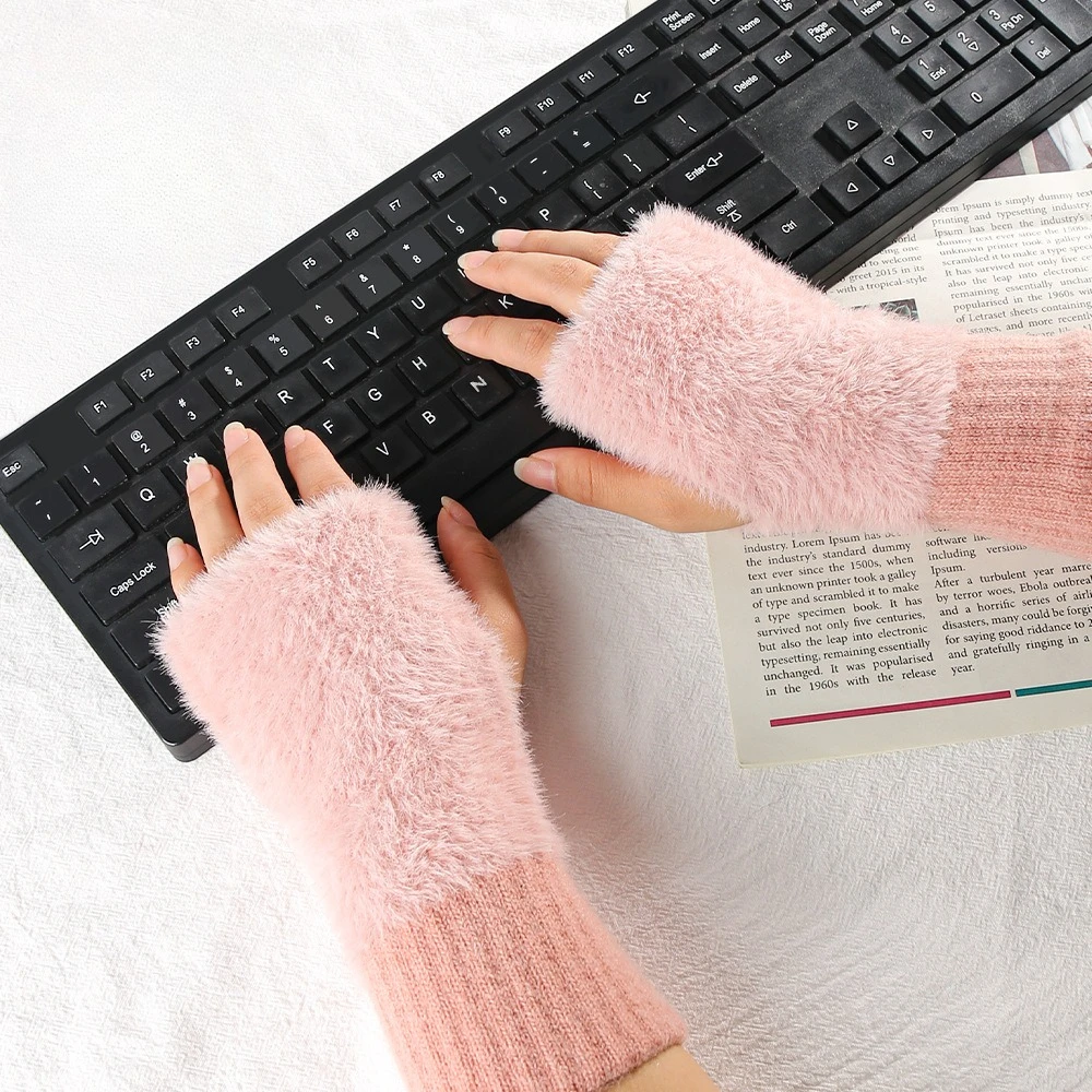Winter Knit Fingerless Gloves Women Fleece Lined Thermal Keep Warm Touchscreen Half Finger Gloves Outdoor Writing Cold Weather