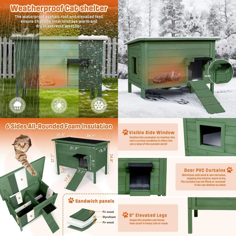 Refugio Aislado para Gatos al Aire Libre para el Invierno | Casa de Madera Grande para Múltiples Gatos | Escalera Accesible | Ventana Lateral de Acrílico | Gree