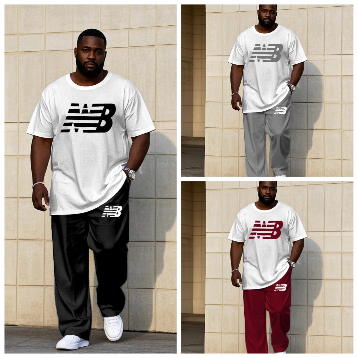 

S-9XL Big and Tall Men Lightweight Letter Print Color Block 2-Piece T-Shirt & Pants Streetwear Set