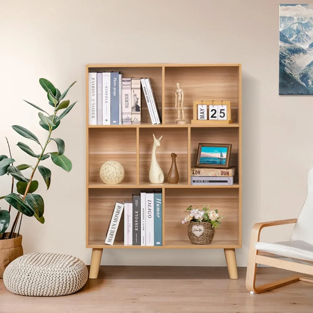 Leyaoyao Holz 7 Würfel Bücherregal, natürliches 3-stufiges Bücherregal mit Beinen, moderner offener Aufbewahrung organisator, Boho Bücherregal