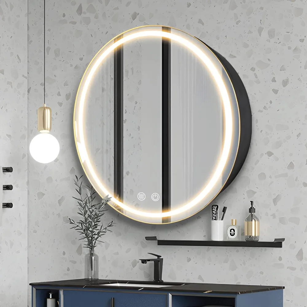 Round mirror cabinet, LED light mirror cabinet with defogger, bathroom lighting mirror cabinet, dimmable, anti-fog, 3 colors