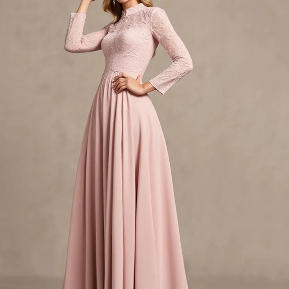 فساتين سهرة رسمية كلاسيكية ذات ياقة عالية وأكمام طويلة من الدانتيل مستقيمة لحفلات أعياد الميلاد حسب الطلب #1