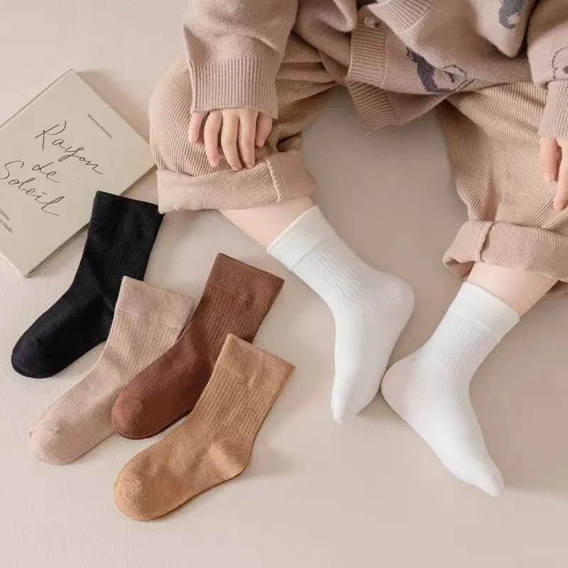 5 أزواج من جوارب الأطفال، جوارب البنات، جوارب أنبوبية متوسطة، جوارب كاجوال للطلاب بلون سادة للخريف/الشتاء #3