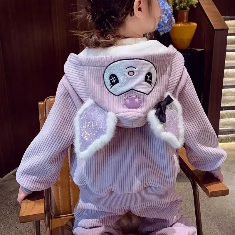 Anime Sanrios Kuromi Terno de moletom My Melody Fleece infantil, moda esportiva feminina, tops e calças casuais com capuz, 2 peças