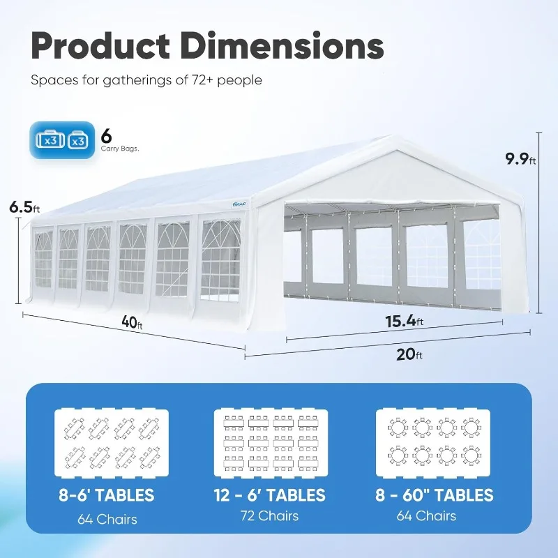 خيمة للحفلات والزفاف بطول 20 × 40 قدمًا - مظلة شديدة التحمل مقاومة للماء مع جدران قابلة للإزالة