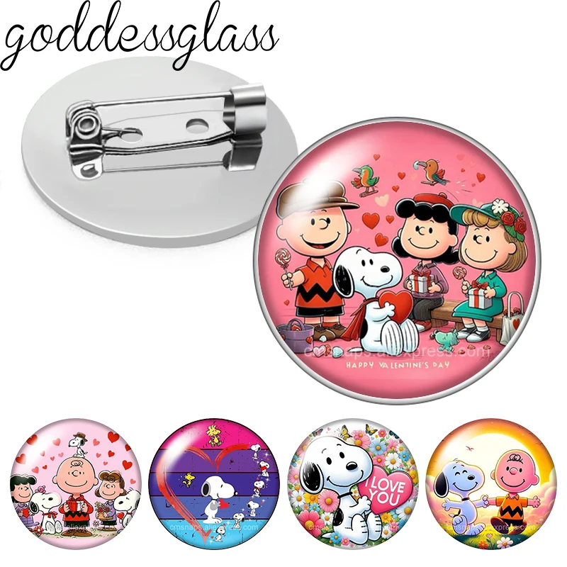 Cute Snoopy Friends Charlie Lucy Sally Love Photo Glass Cabochon Brooch Pinback Button Bag Clothes Denim Jeans Lapel Pin Badge